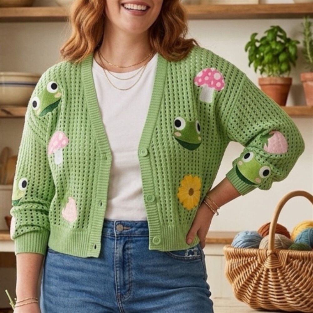 Thorn & Fable Cardigan Sweater Womens L Frog Strawberry Patches Crop Open Knit